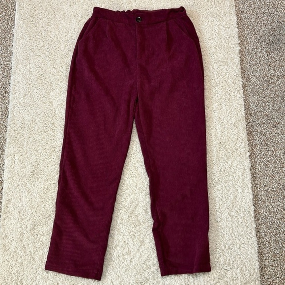 ZENANA L corduroy wine colored high waist  pants w front pockets, elastic waist